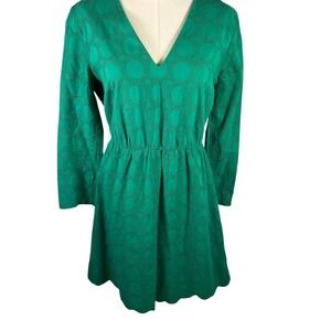 J Crew Eyelet Dress Women's Size 6 Green V Neck Long Sleeve Fit Flare Career‎
